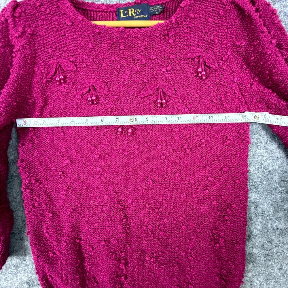 Vintage Leroy Knitwear Sweater Womens Small Pink Beaded 3D Cherries Grandma Chic - Picture 6 of 7